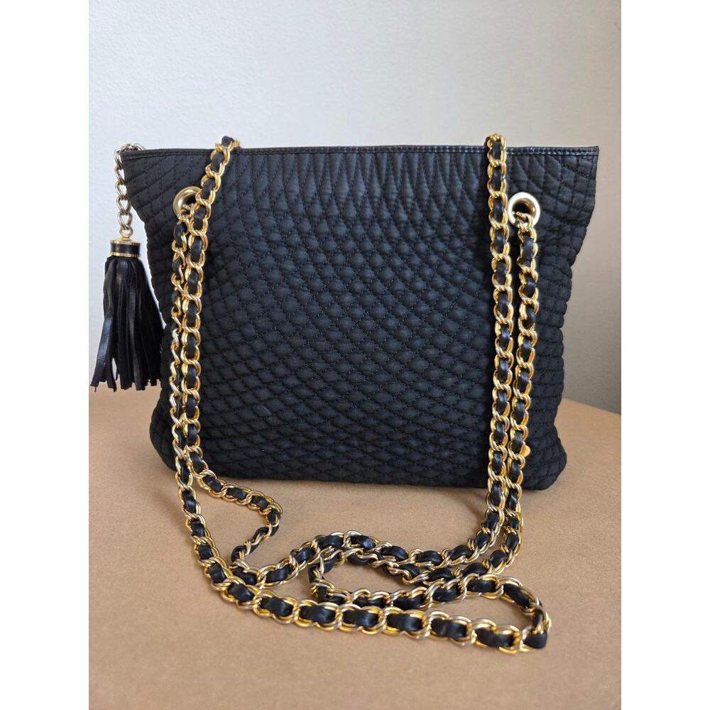 Bally Quilted Matelasse Shoulder Bag Black Gold Chain Tassel Made Italy Vintage